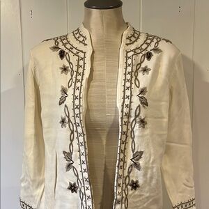 Charter Club Embroidered Cream cardigan sweater with taupe colored flowers